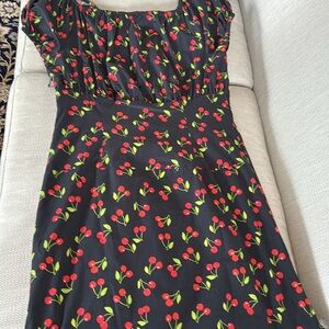 EUC Caroline Constas Black Mini Dress with Cherry and Leaf Print Size L